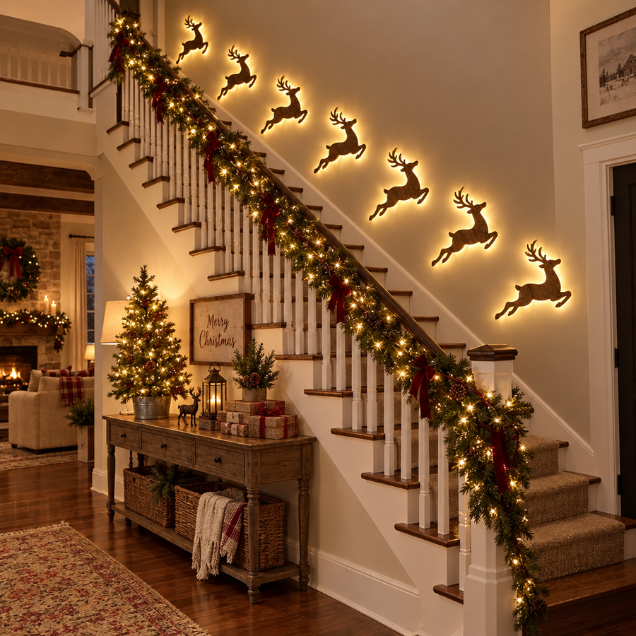 Illuminated wooden reindeer on the bedroom wall