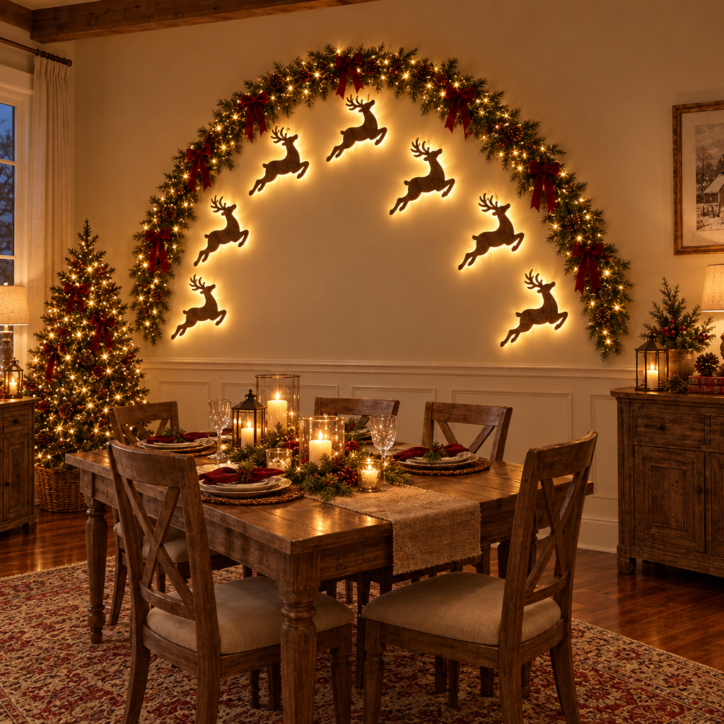 Renos de madera con luz LED formando un arco sobre la mesa del comedor