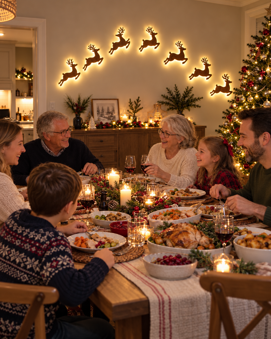 Family gathered for Christmas dinner with the illuminated reindeer arch on the wall